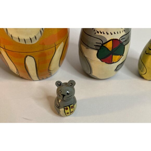 Wooden Matryoshka Nesting Cat Dolls 7" 5 dolls Mouse Baby - Picture 5 of 12